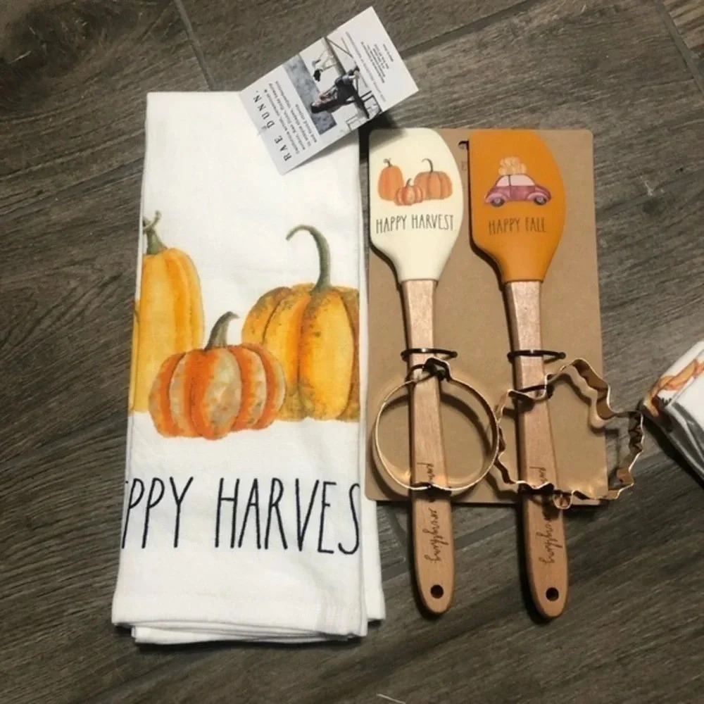 Rae Dunn kitchen towel, spatula and cookie cutter set